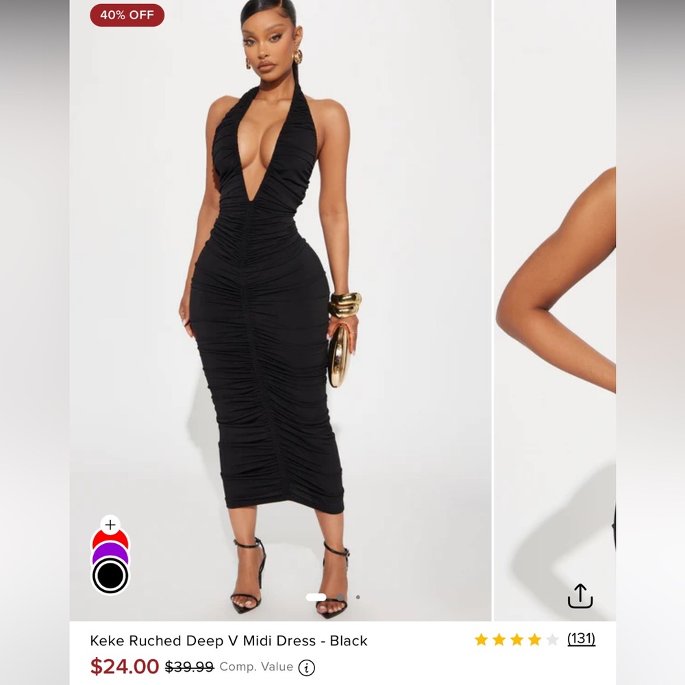Keke Ruched Deep V Midi Dress - Black - Picture 5 of 5